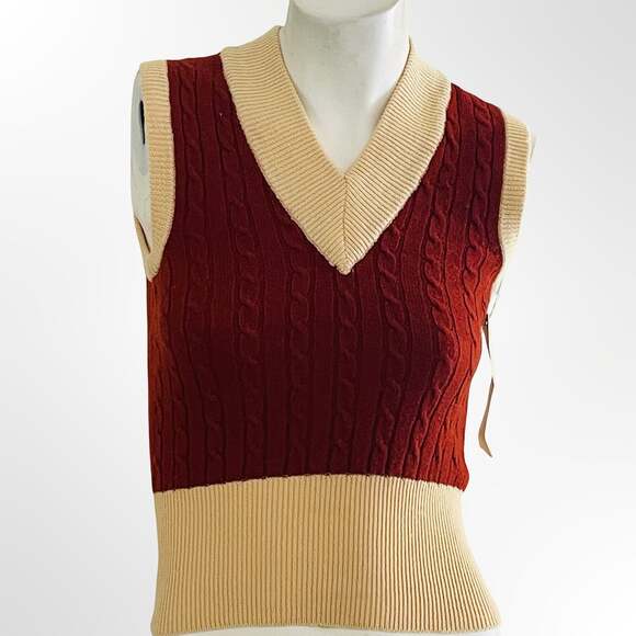 Vintage Sweaters - Vintage 1970s 100% Pure Wool Cable Knit V-Neck Sweater Vest Red Cream